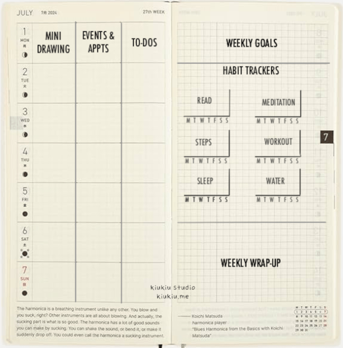 Weekly planner spread. The left page has three columns titled “Mini Drawing,” “Events & Appts,” and “To-Dos.” The right page includes a “Weekly Goals” section at the top and six habit trackers below for “Read,” “Meditation,” “Steps,” “Workout,” “Sleep,” and “Water.” A “Weekly Wrap-Up” section appears at the bottom.
