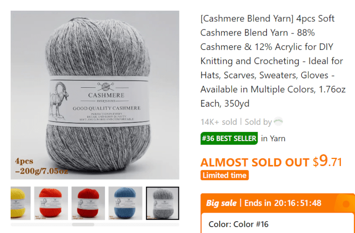 Gray cashmere blend yarn skein, 4-piece set, smooth texture with goat logo label, suitable for knitting and crochet projects