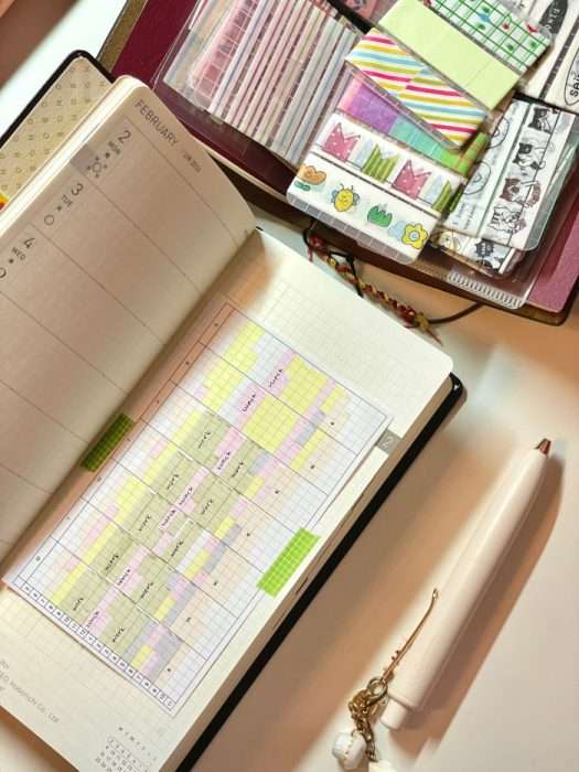 Open planner on desk with color-coded tracker page and sticker sheets nearby
