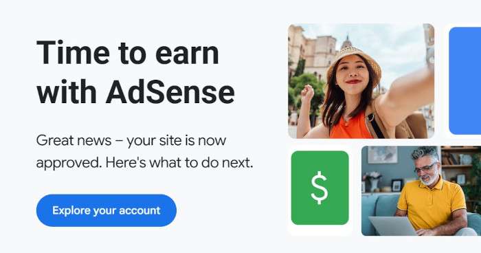 Google AdSense approval page showing site approval and earning start message