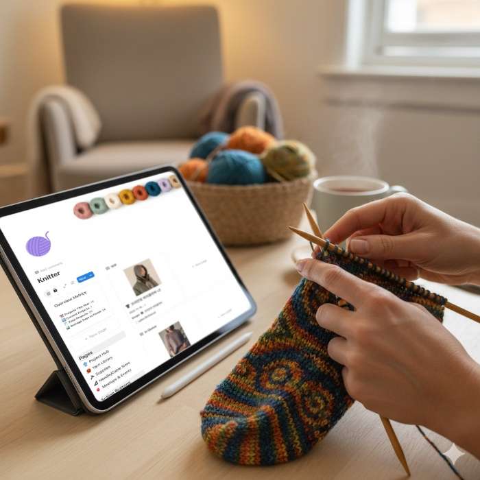 Hands knitting a colorful sock beside an iPad displaying a knitting journal Notion template