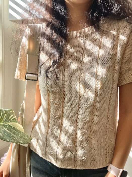 Wearing hand-knitted Lilac Sweater