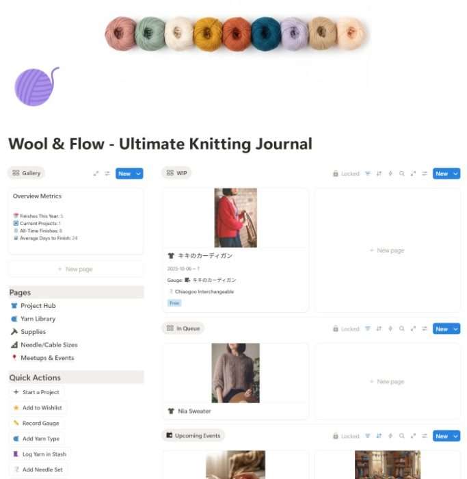 Screenshot of the Wool & Flow knitting journal Notion template showing the dashboard, yarn icons, and project overview cards