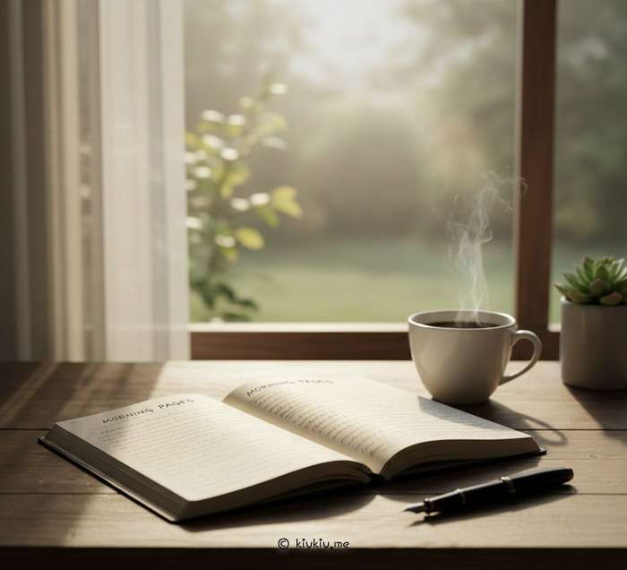 notebook on a wooden desk - writing a morning page