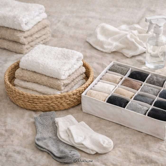 neatly folded towels and socks organized in baskets during a closet decluttering process