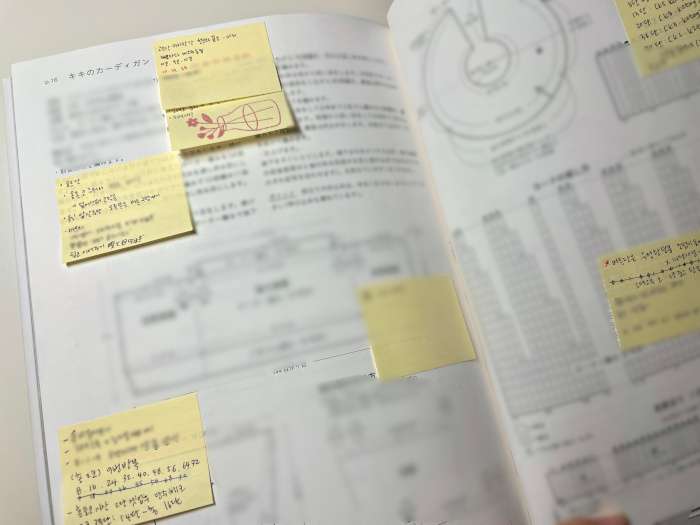 japanese knitting pattern study notes with multiple sticky notes on the pattern pages