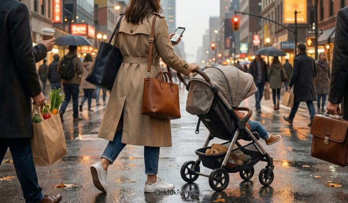 busy mom holding a phone on the street