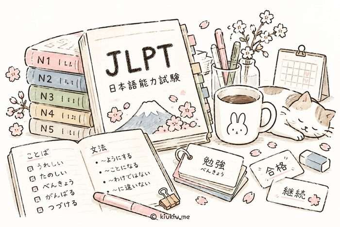 Cute hand-drawn illustration of JLPT Japanese study materials with N1–N5 books, vocabulary flashcards, grammar notes, and stationery.