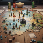 보드게임 하는 모습 - 테이블 위에 미플과 주사위 등이 있음