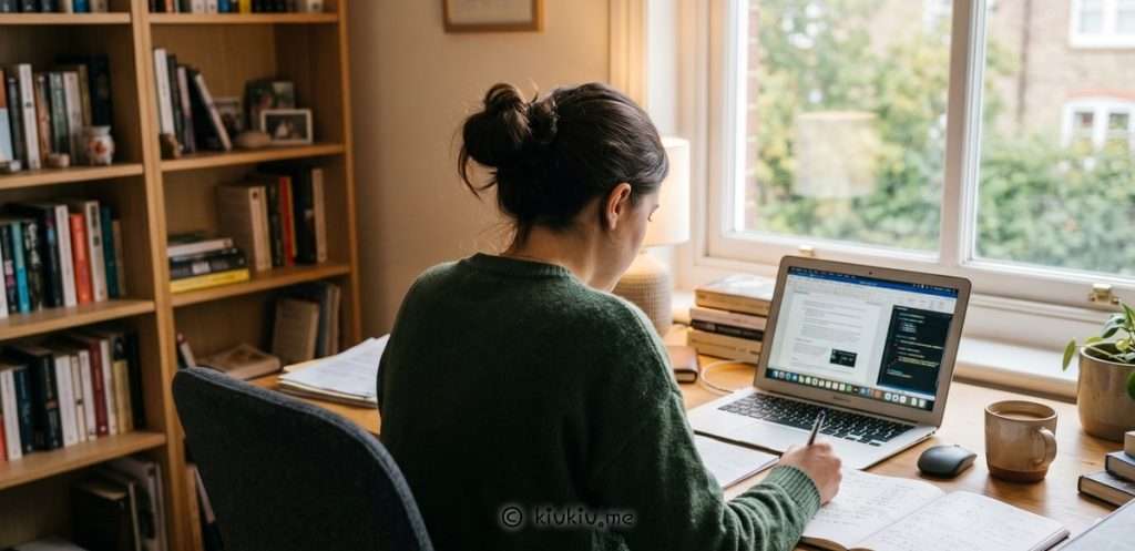 책상에 앉아서 노트에 쓰는 모습