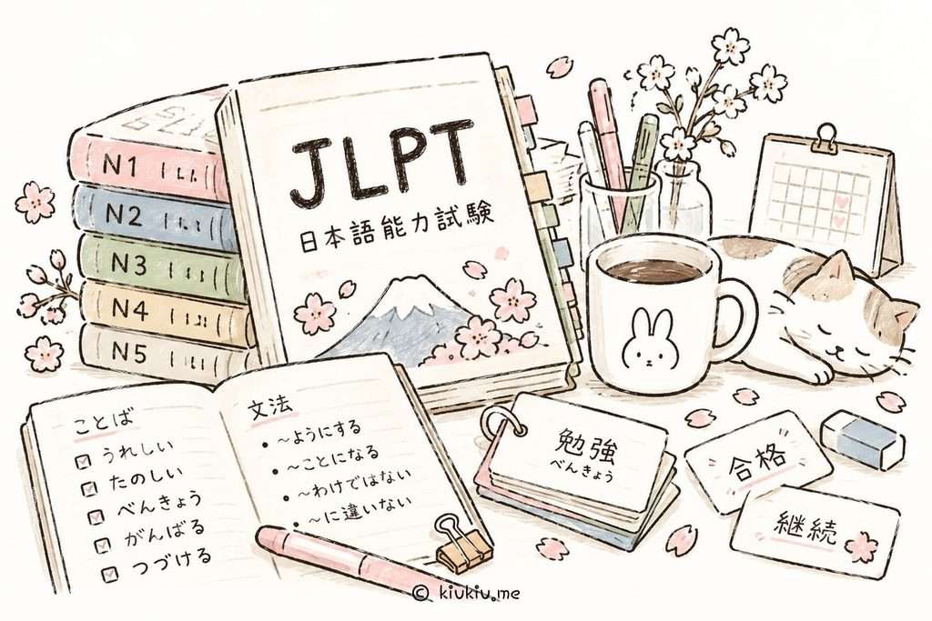 JLPT 일본어 능력시험 공부를 위한 N1~N5 교재, 단어장, 문법 노트와 문구류가 놓인 귀여운 손그림 일러스트