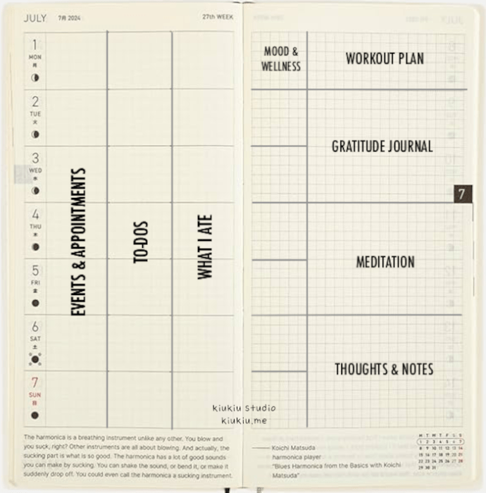 Weekly planner layout.  The left page is split into columns for “Events & Appointments,” “To-Dos,” and “What I Ate.” The right page includes labeled grid sections: “Mood & Wellness,” “Workout Plan,” “Gratitude Journal,” “Meditation,” and “Thoughts & Notes.”