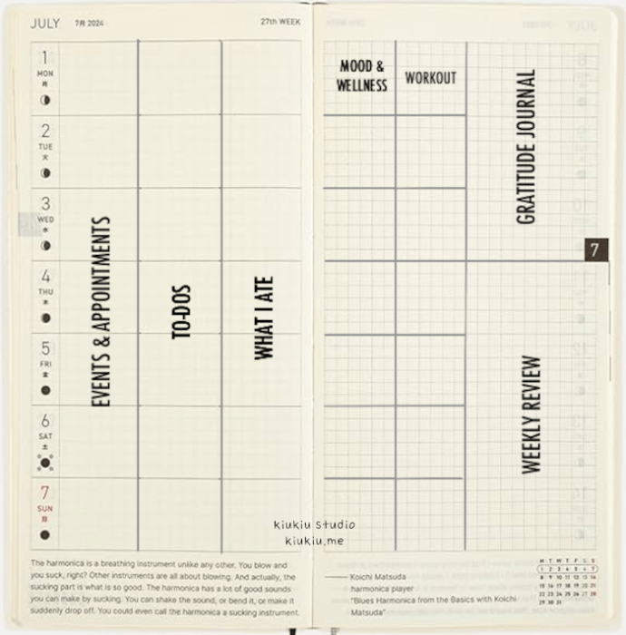 Weekly planner layout. The left page has three columns labeled “Events & Appointments,” “To-Dos,” and “What I Ate.” The right page includes grid sections titled “Mood & Wellness,” “Workout,” “Gratitude Journal” (written vertically), and “Weekly Review” (written vertically).