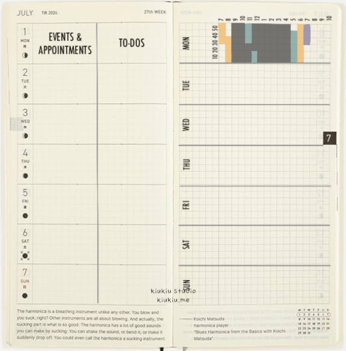 Weekly planner layout. The left page has columns for events & appointments and to-dos. The right page features a vertical time-blocking chart starting from 7 AM to 10 PM, with Monday filled and other days left blank.