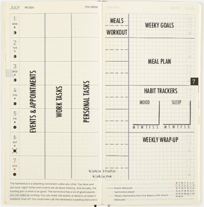A structured weekly planner layout, with sections for events, work, personal tasks, meals, workout, goals, habit trackers, and a weekly wrap-up.