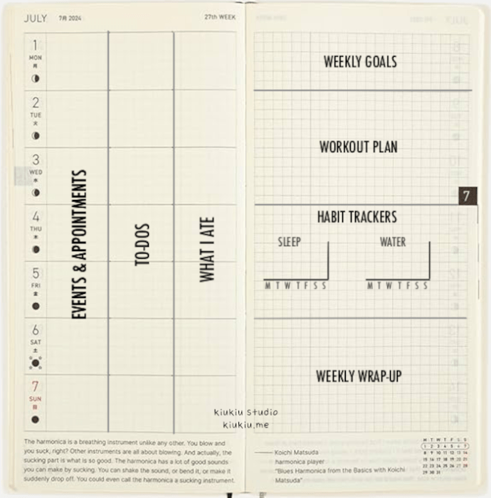 A minimalist weekly planner layout, with columns for events, to-dos, and meal tracking. The right page includes sections for weekly goals, workout plan, sleep and water habit trackers, and a weekly wrap-up.