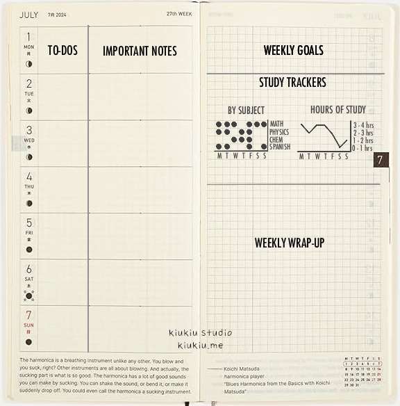 A customized weekly layout in a Hobonichi planner. The left page includes dated columns for to-dos and important notes. The right page features grid sections for weekly goals, study trackers by subject and hours, and a weekly wrap-up area.