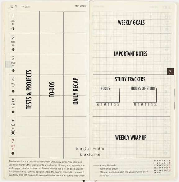 A modified Hobonichi weekly spread. The left page has vertical columns labeled “Tests & Projects,” “To-Dos,” and “Daily Recap.” The right page includes sections for weekly goals, important notes, study trackers for focus and study hours, and a weekly wrap-up.