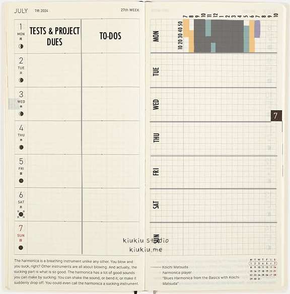 A customized Hobonichi weekly planner layout for July 2024. The left page is divided into sections for “Tests & Project Dues” and “To-Dos.” The right page features a weekly timetable with hourly blocks from 7 AM to 10 PM, and Monday’s schedule is filled in with color-coded time blocks.