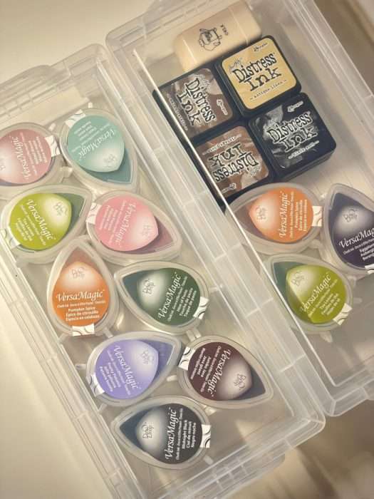Set of small teardrop-shaped ink pads in a clear plastic case.