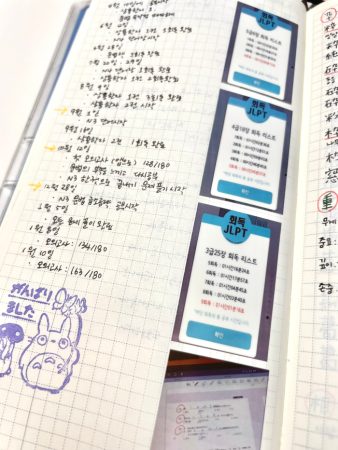 JLPT study log in Hobonichi Weeks notes section with vocabulary review records, mock exam scores, and attached app screenshot stickers