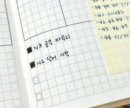 JLPT study milestones written in Hobonichi Weeks monthly checklist, showing completion of N3 study and start of N1 vocabulary