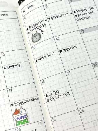 JLPT study schedule written in Hobonichi Weeks monthly spread, showing grammar and vocabulary progress, mock exam scores, and cat stickers for decoration