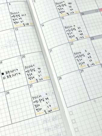 JLPT mock exam scores tracked in Hobonichi Weeks monthly spread, showing vocabulary, grammar, reading, listening, and total scores across weeks