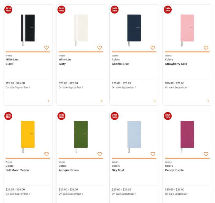 Hobonichi Techo 2026 Weeks solid color covers, featuring Black, Ivory, Cosmo Blue, Strawberry Milk, Full Moon Yellow, Antique Green, Sky Mist, and Peony Purple