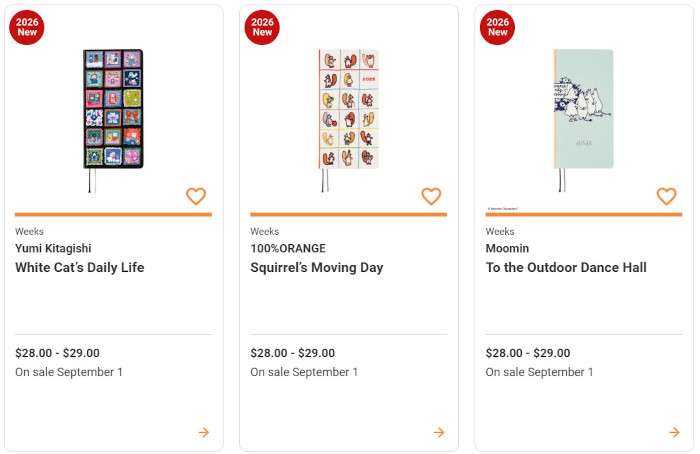 Hobonichi Techo 2026 Weeks collaboration covers, featuring Yumi Kitagishi White Cat’s Daily Life, 100%ORANGE Squirrel’s Moving Day, and Moomin To the Outdoor Dance Hall