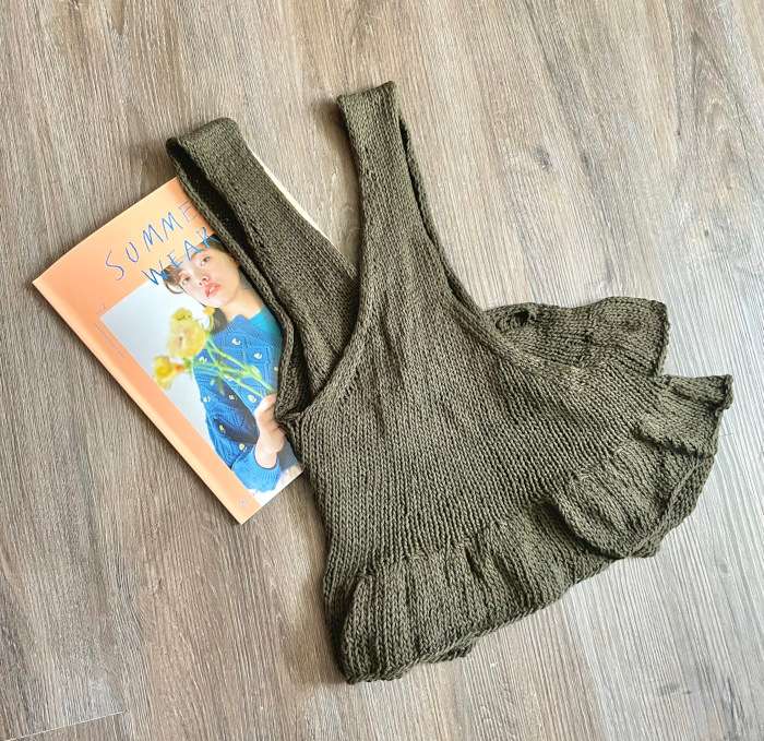Finished Frills V-Neck Tank Top, summer knit in green ramie cotton yarn styled with Summer Wear Vol.2 book