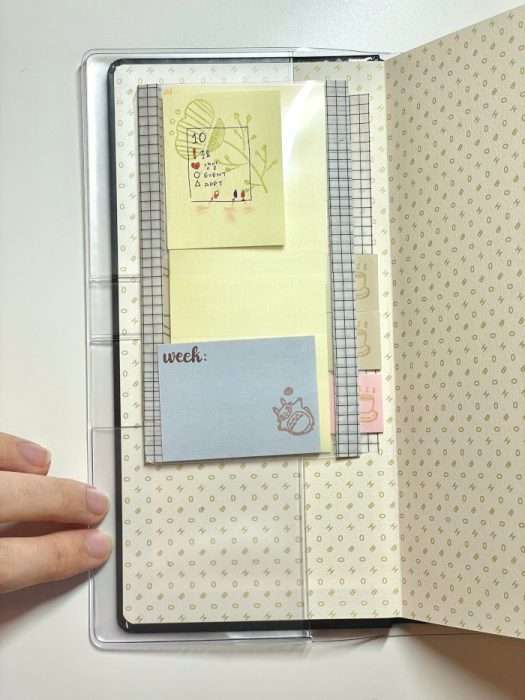 Hobonichi Weeks inner cover showing fold-out organizer neatly holding multiple sticky notes