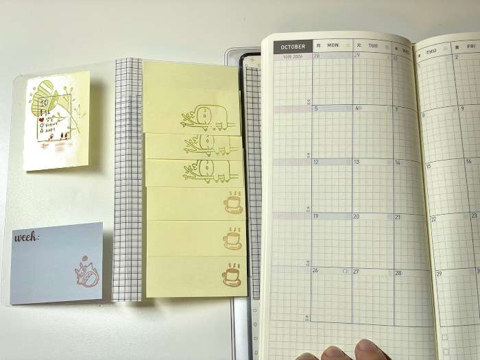 Hobonichi Weeks inner cover with attached fold-out organizer holding various sticky notes
