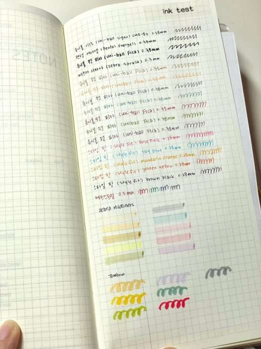 Hobonichi Weeks notebook page showing ink test swatches from multiple pens and markers