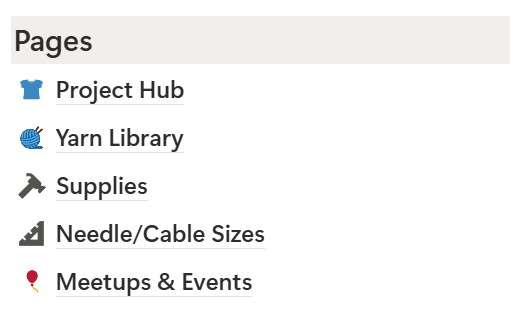 Sidebar menu of the knitting journal template showing Project Hub, Yarn Library, Supplies, and Meetup sections