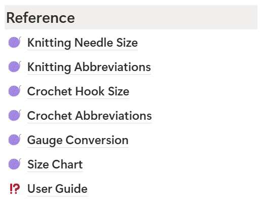 Reference menu of the knitting journal template showing needle sizes, abbreviations, gauge conversion, size chart, and user guide