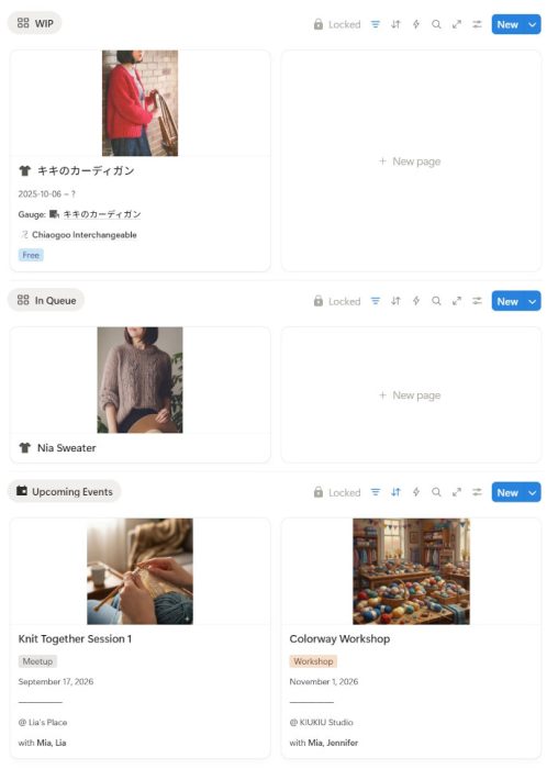 Dashboard view of the knitting journal template showing WIP projects, queued sweaters, and upcoming knitting meetups and workshops