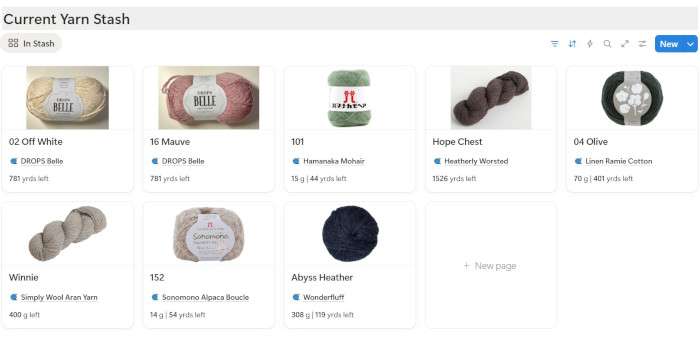 Notion gallery view showing various yarn skeins organized in the current yarn stash database