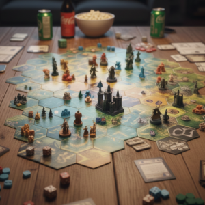 close up of board game play - there are meeples and dice