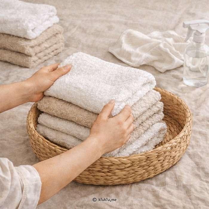 neatly folded towels organized in a storage basket during closet decluttering