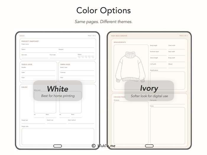 shows white and ivory versions of knitting planner on ipad