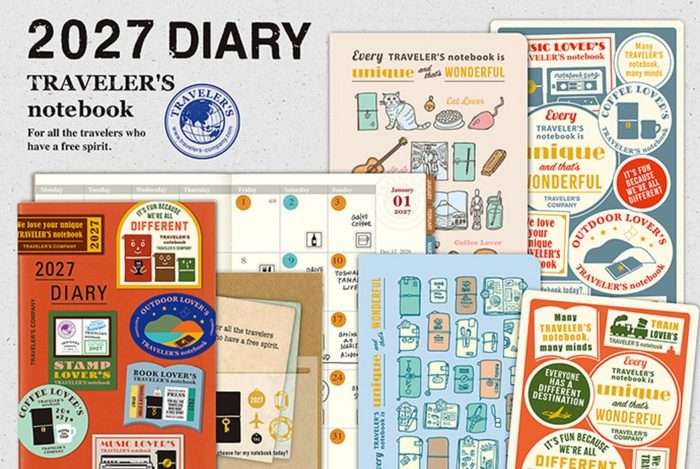 The 2027 versions of our Plastic Sheet, Clear Folder, and Customized Sticker Set feature a design themed around “Every TRAVELER’S notebook is unique and that’s wonderful.”