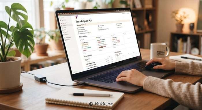 A detailed photograph capturing a person's hands operating a MacBook Pro laptop on a wooden desk. The laptop screen prominently displays a comprehensive Notion workspace titled "Team Projects Hub," featuring sections like "Weekly Focus," "Active Sprints" (as a Kanban board with columns: To Do, In Progress, Needs Review, Done), "Recent Updates," and "Team Calendar." Each task card includes details like project name, assignee (avatars), and due dates. On the desk are a white mug with the "Notion" logo, a spiral notebook with a pen, and a large potted plant. The background is a blurred home office with shelves.